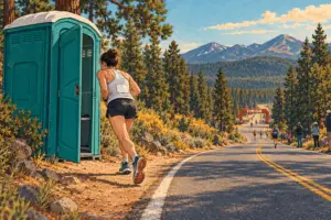 Illustration of gut issues in endurance athletes: a marathon runner heads toward a portable toilet with the finish line in the distance.