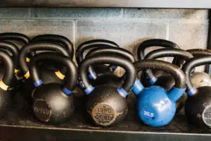 Kettlebells on a storage shelf at EVOLVE Flagstaff